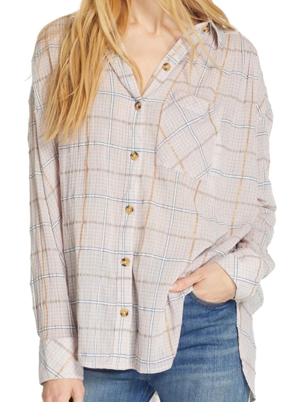 Free People Break My Stride Pink Plaid Oversized Button Down
